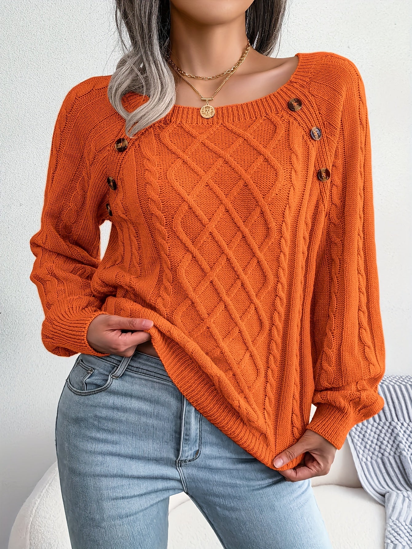 Women's Sweater Round Neck Texture Button Lantern Sleeve Sweater - Walmarkettt.com