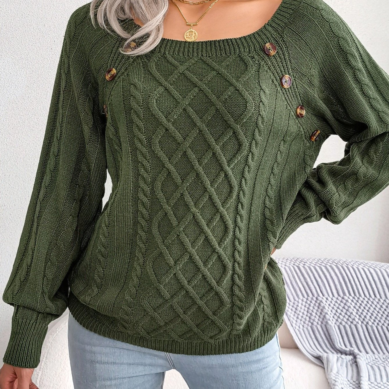 Women's Sweater Round Neck Texture Button Lantern Sleeve Sweater - Walmarkettt.com