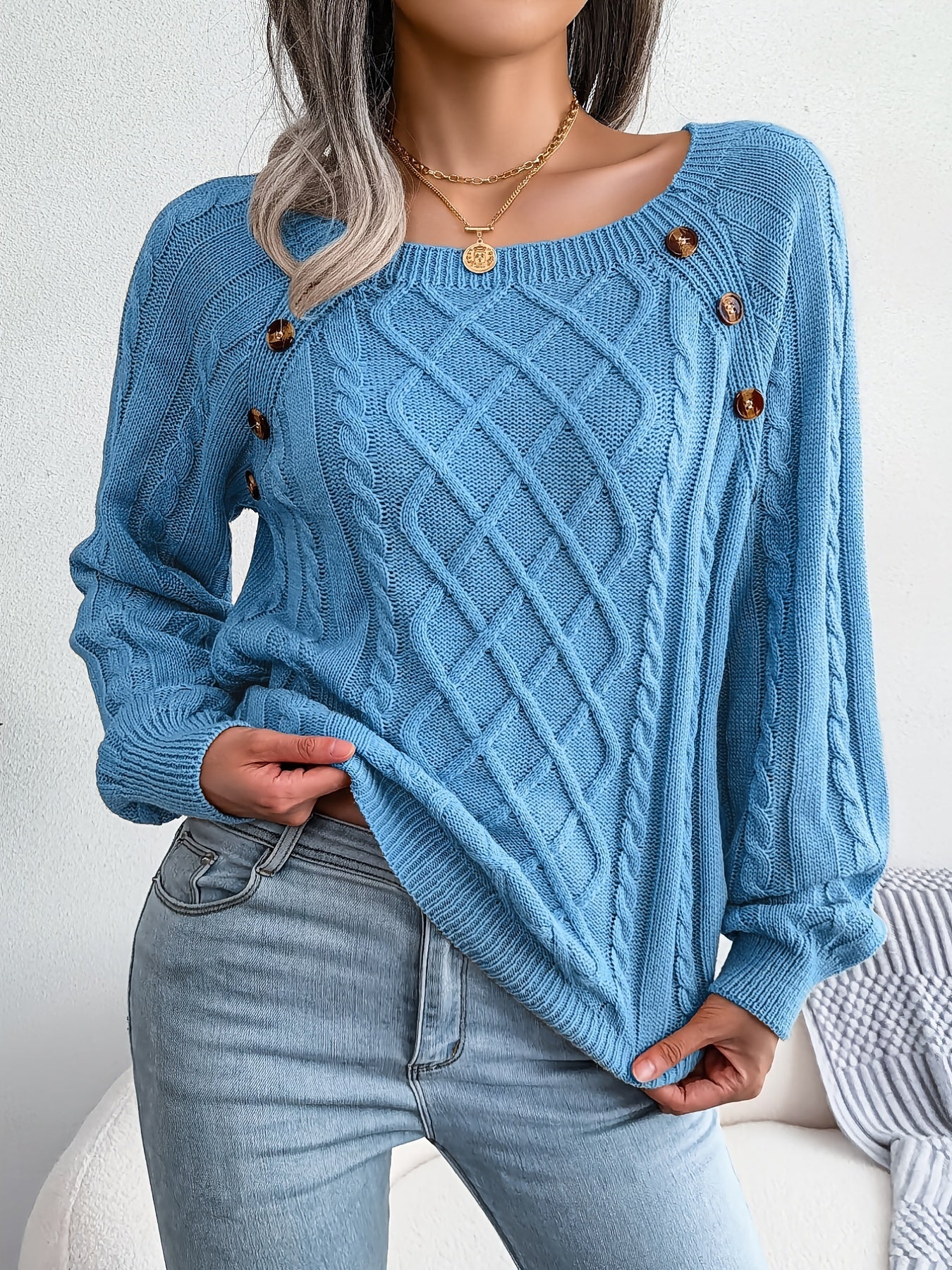 Women's Sweater Round Neck Texture Button Lantern Sleeve Sweater - Walmarkettt.com