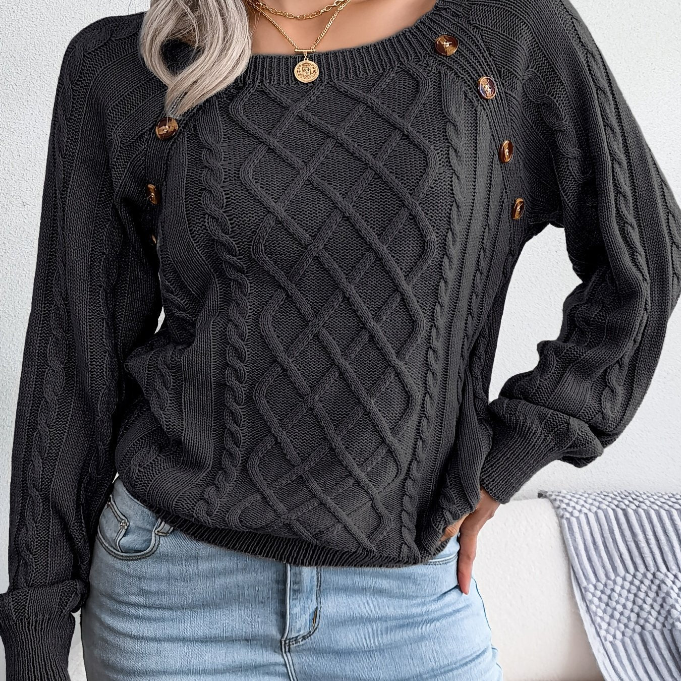 Women's Sweater Round Neck Texture Button Lantern Sleeve Sweater - Walmarkettt.com
