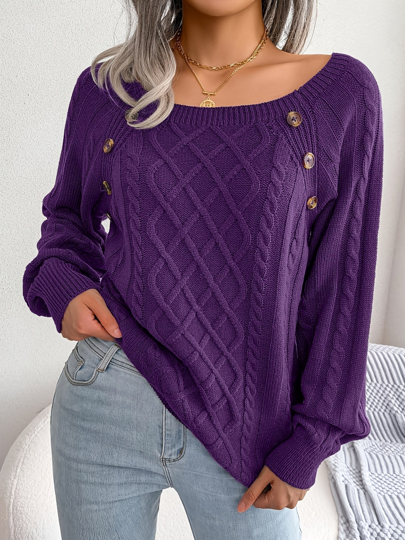 Women's Sweater Round Neck Texture Button Lantern Sleeve Sweater - Walmarkettt.com