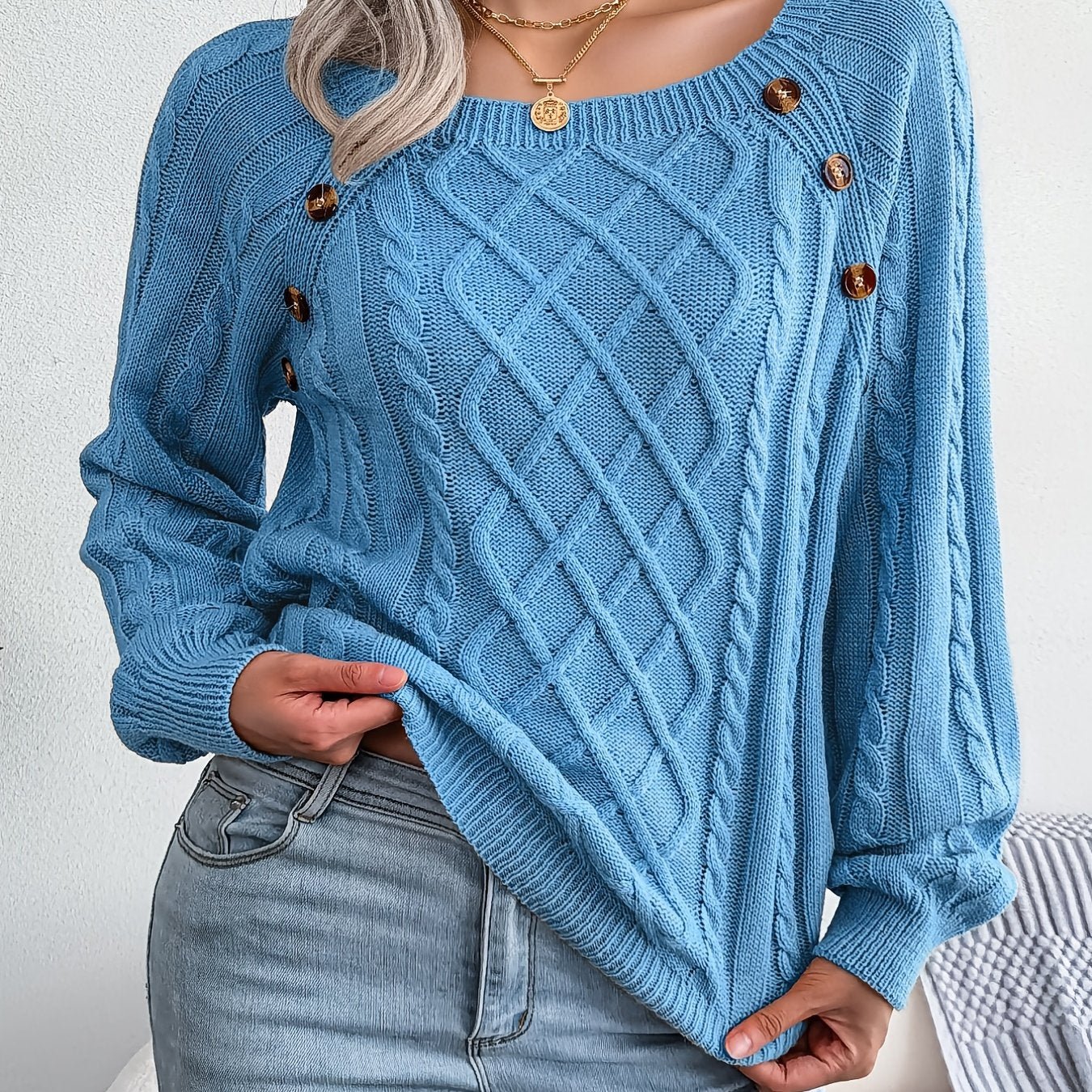 Women's Sweater Round Neck Texture Button Lantern Sleeve Sweater - Walmarkettt.com