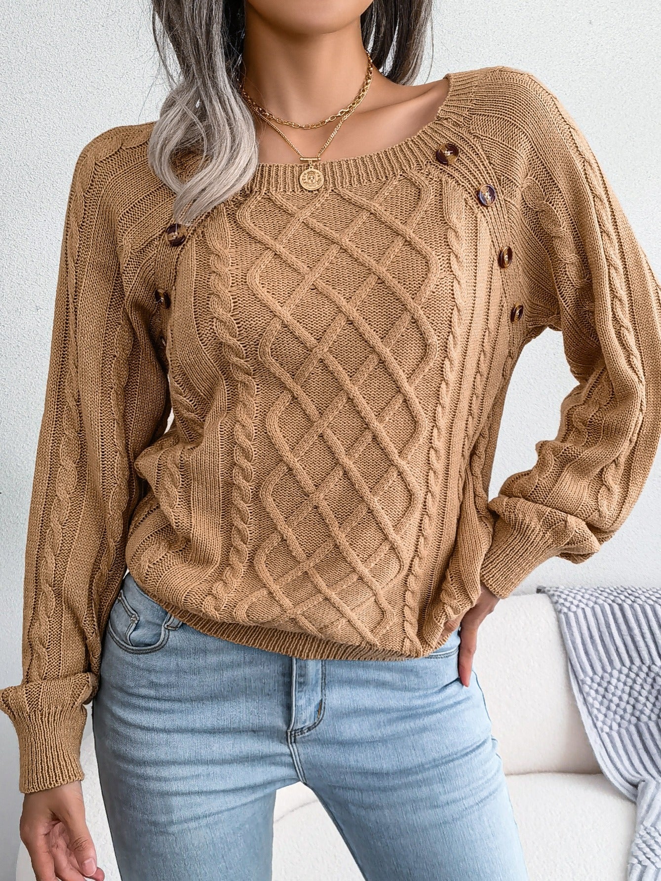 Women's Sweater Round Neck Texture Button Lantern Sleeve Sweater - Walmarkettt.com