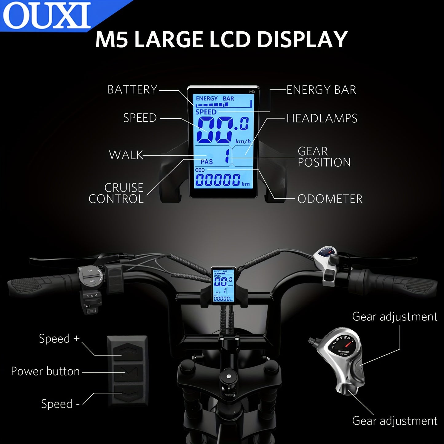 OUXI Electric Bike, V8 Electric Mountain Bike With 750W Motor 48V 15Ah Removable Larger Battery 20MPH 20" Fat Tire E Bike Shi-Mano 7-Speed Adult Electric Bicycles, Electric Dirt Bike, Electric Mountain Bike, Electric Bicycle