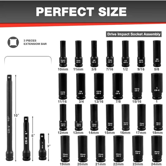29pcs 1/2" Socket Set, Drive Deep Impact Socket Set, Including 3 ", 5", 10" Impact Extension Bar, Standard SAE (3/8 " - 1") - Walmarkettt.com