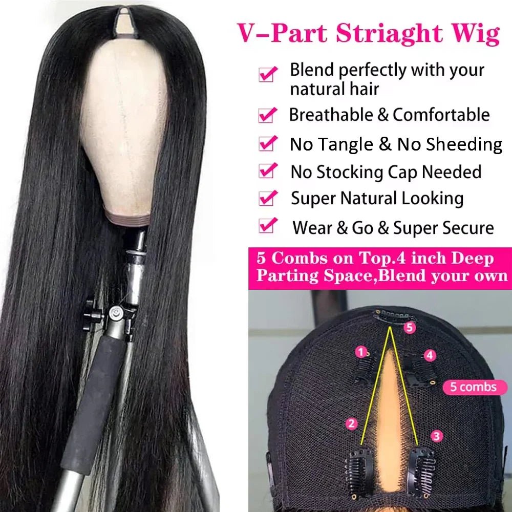 32 Inch Straight V Part Human Hair Wigs 200 Density Straight Brazilian Wig For Women V part Human Hair Head Clip In Halr Wig - Walmarkettt.com