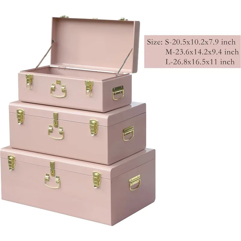 Decorative Box Set Of 3 Metal Trunks Chest With Safety Lock Clasp For Treasure Organization And Home Dorm Decor,26.8x16