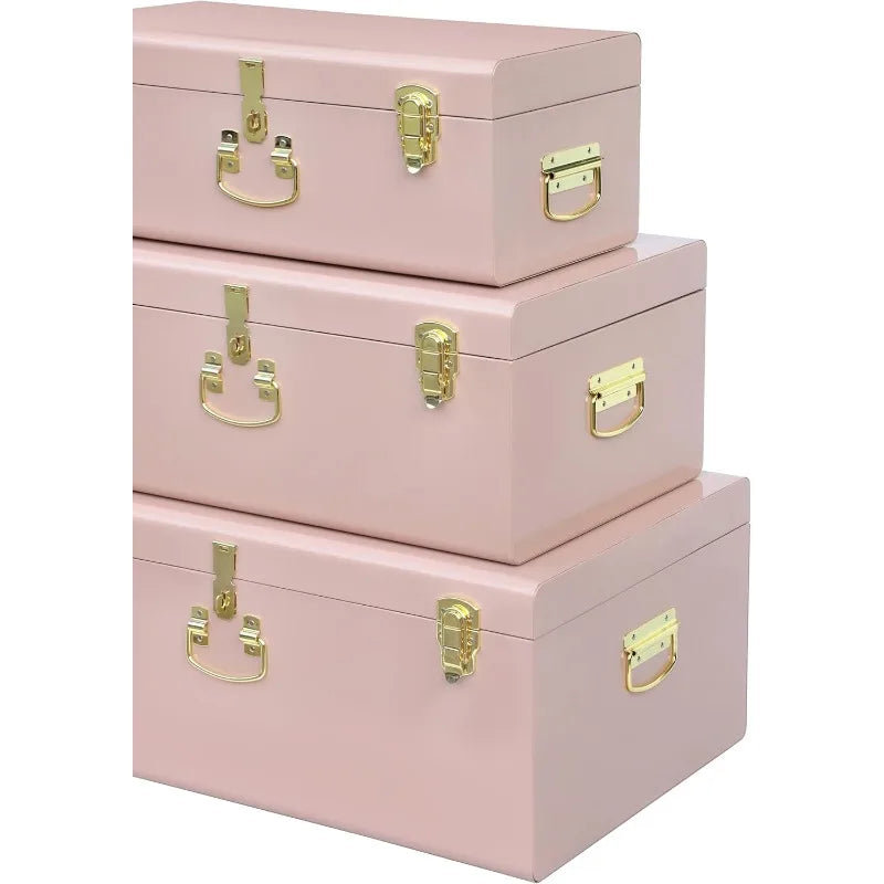 Decorative Box Set Of 3 Metal Trunks Chest With Safety Lock Clasp For Treasure Organization And Home Dorm Decor,26.8x16