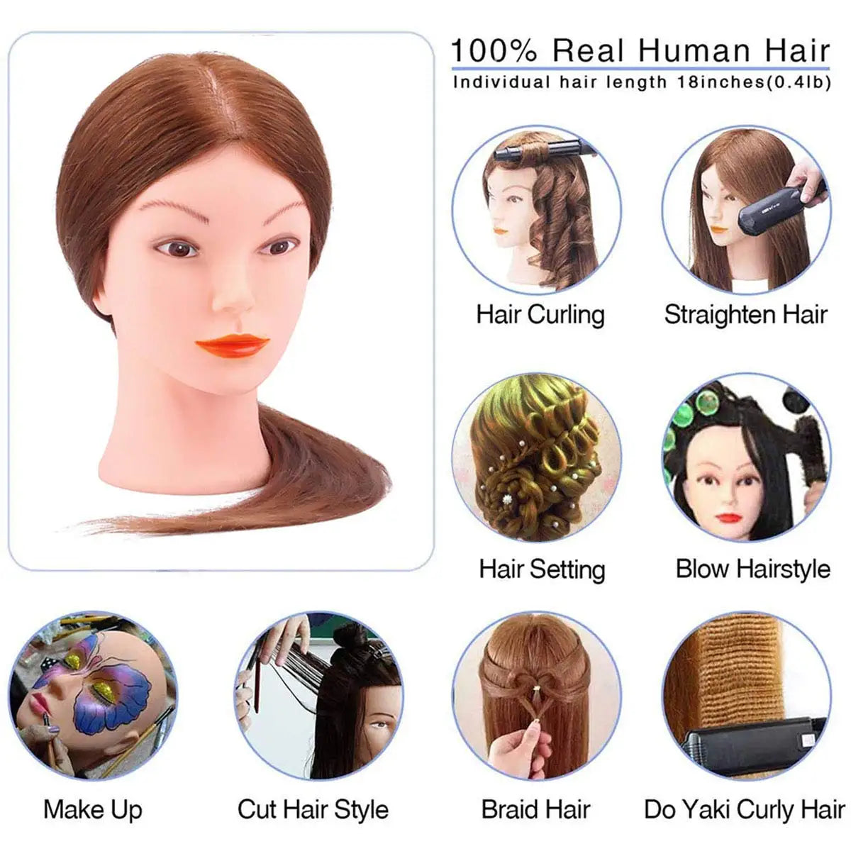 100% Human Hair Mannequin Head for Cosmetology Styling Training Practice Can Be Curled Straighten Professional Mannequin Head