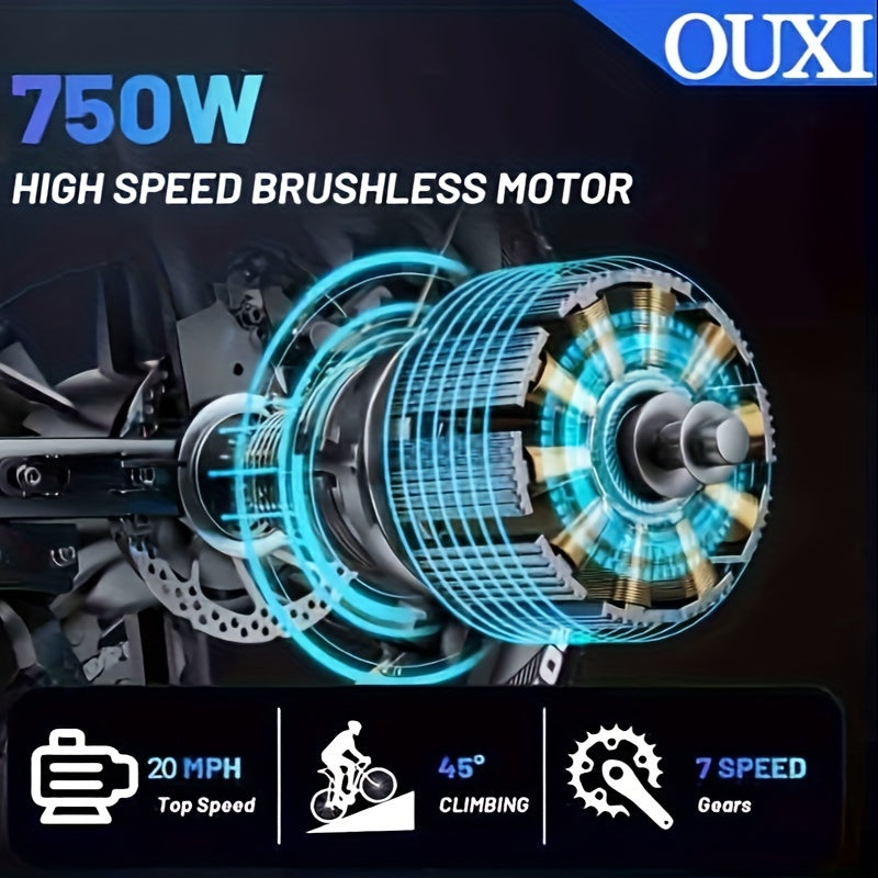 OUXI Electric Bike, V8 Electric Mountain Bike With 750W Motor 48V 15Ah Removable Larger Battery 20MPH 20" Fat Tire E Bike Shi-Mano 7-Speed Adult Electric Bicycles, Electric Dirt Bike, Electric Mountain Bike, Electric Bicycle