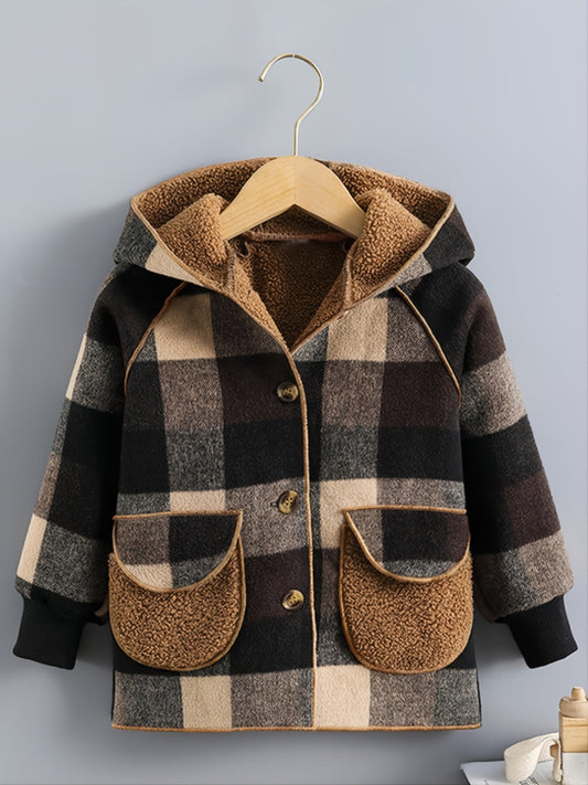 Boys' Cozy Fleece - Lined Plaid Jacket with Button Front, Pockets & Hood - Long Sleeve Casual Winter Coat for Fall/Winter, Brown & Black Checkered Pattern, Cozy Outerwear, Durable Outerwear - Walmarkettt.com