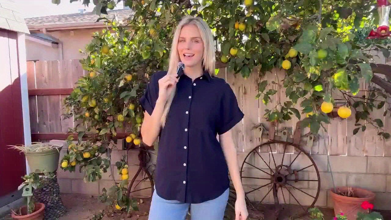 [Casual Shirt] Casual Summer Women's Short Sleeve V - Neck Button - Up Shirt with Pockets - Light Gray | Vacation Clothing, Glossy Texture - Walmarkettt.com