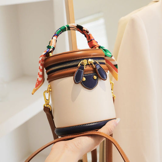 Colorblock Shoulder Cylinder Bucket Bag, Scarf Decor Top Handle Bag, Stylish Crossbody Purse For Women - Walmarkettt.com