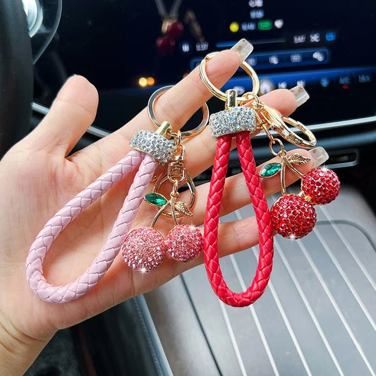 Creative alloy diamond inlaid fruit cherry car keychain fashion with diamond woven rope personalized bag decoration pendant gift - Walmarkettt.com
