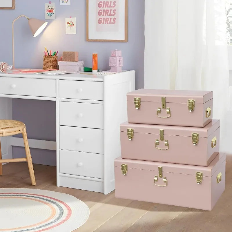 Decorative Box Set Of 3 Metal Trunks Chest With Safety Lock Clasp For Treasure Organization And Home Dorm Decor,26.8x16