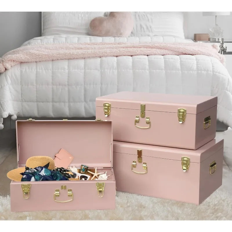 Decorative Box Set Of 3 Metal Trunks Chest With Safety Lock Clasp For Treasure Organization And Home Dorm Decor,26.8x16