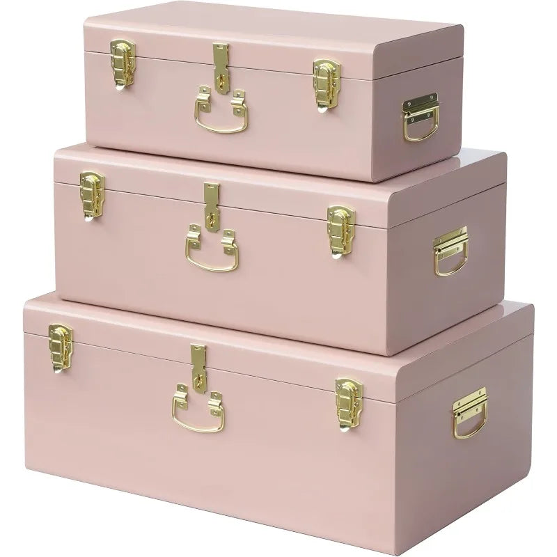 Decorative Box Set Of 3 Metal Trunks Chest With Safety Lock Clasp For Treasure Organization And Home Dorm Decor,26.8x16