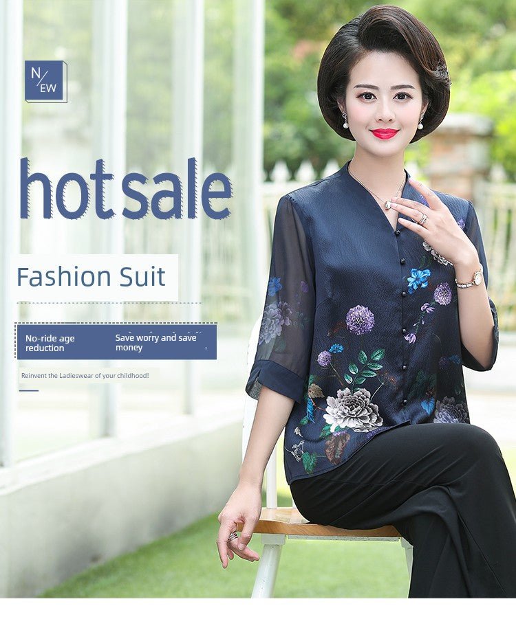 Fashion Mulberry Silk Top Middle - Aged and Elderly Shirt Summer Wear - Walmarkettt.com