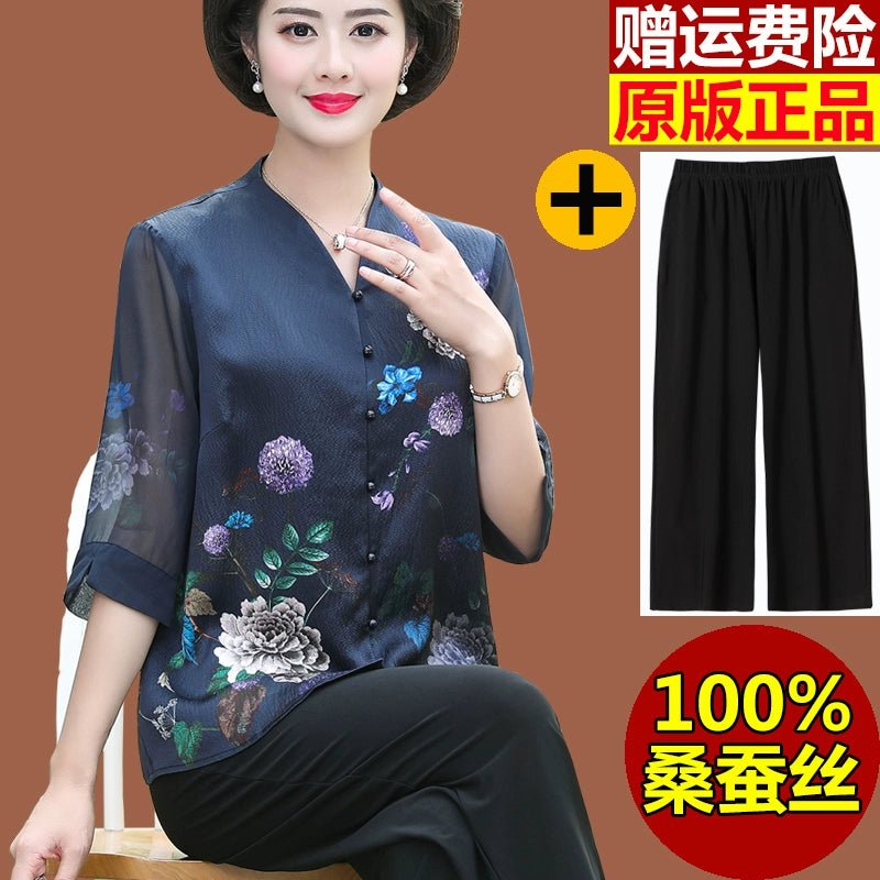 Fashion Mulberry Silk Top Middle - Aged and Elderly Shirt Summer Wear - Walmarkettt.com