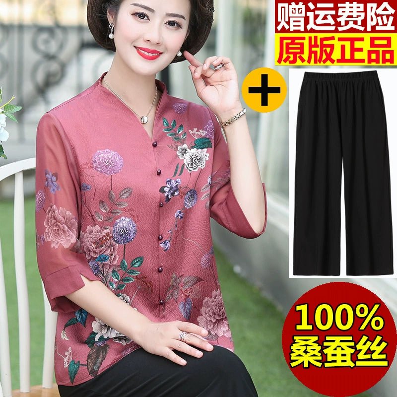 Fashion Mulberry Silk Top Middle - Aged and Elderly Shirt Summer Wear - Walmarkettt.com