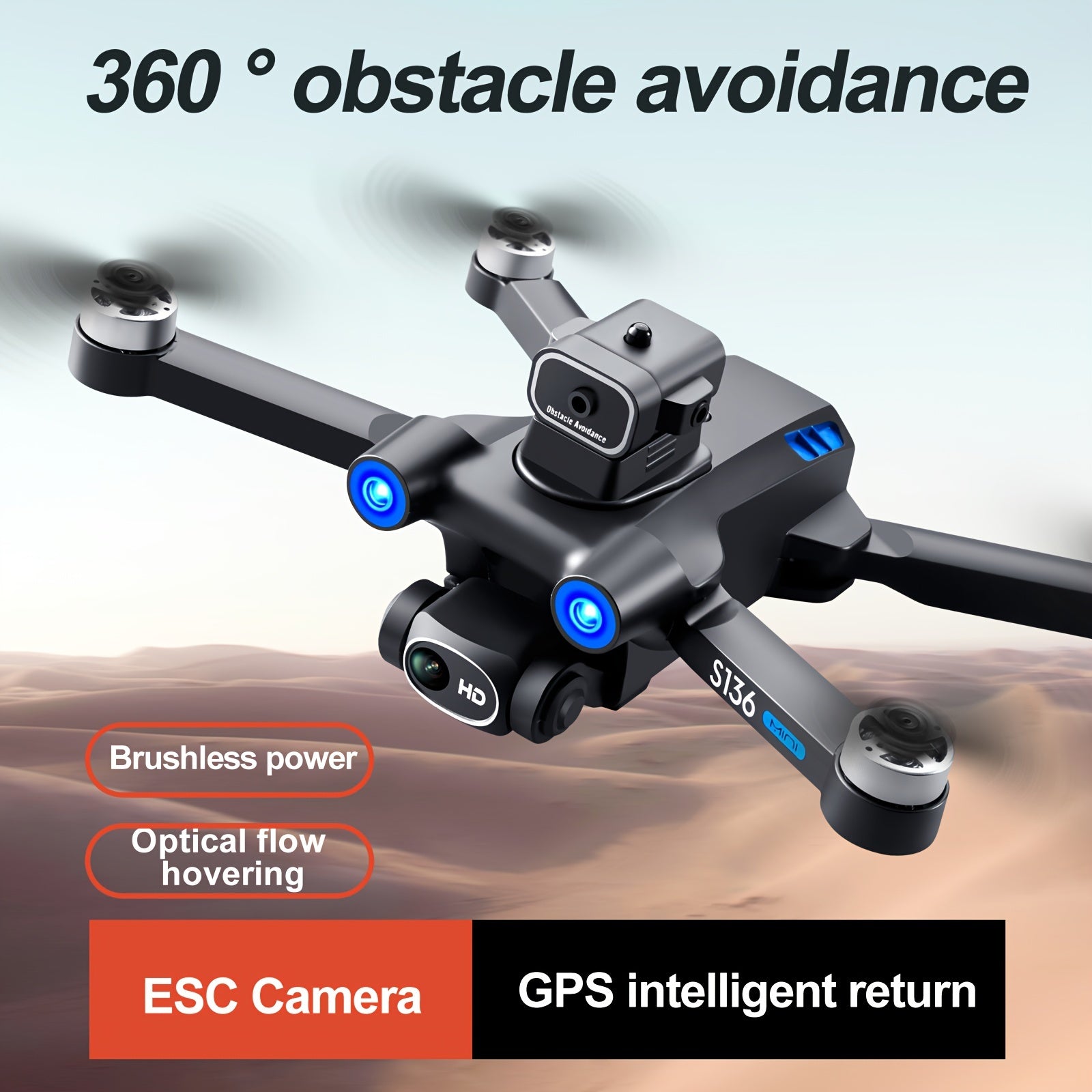 HD Dual Camera S136 UAV Drone with GPS, 360° Obstacle Avoidance, Optical Flow Hovering, One - Key Takeoff, and Fail - Safe Return - Perfect for Beginners and Men's Gifts - Walmarkettt.com