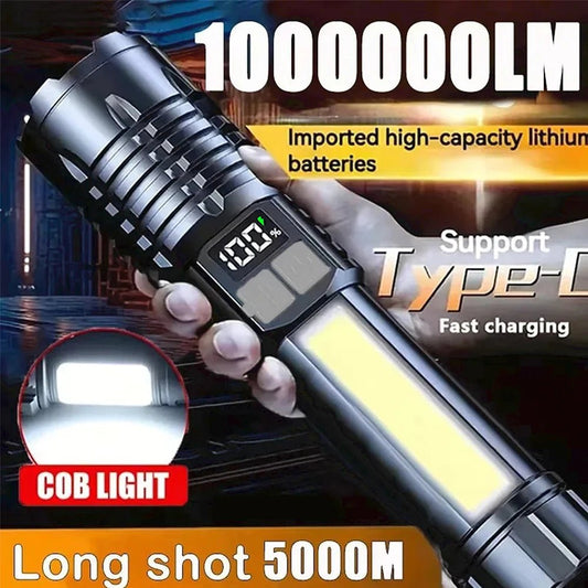 High Power LED Flashlight Powerful TYPE - C Rechargeable COB Flashlight With Side Light Torch For Outdoor Camping Hiking - Walmarkettt.com