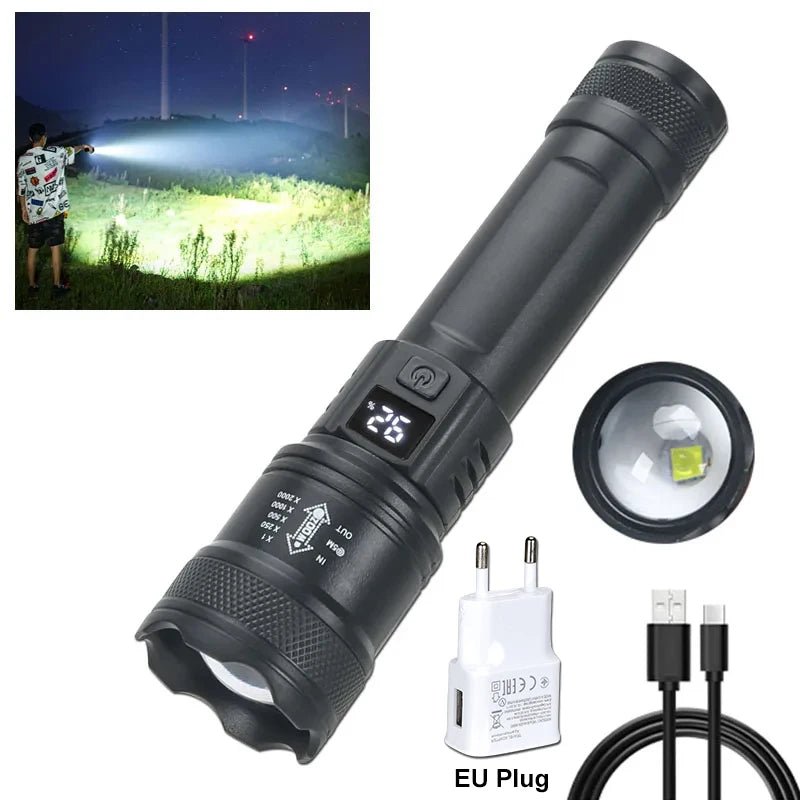 High Strong Power Led Flashlights 2000LM Tactical Torch with Display Light USB Charging Camping Fishing Emergency Zoom Lantern - Walmarkettt.com