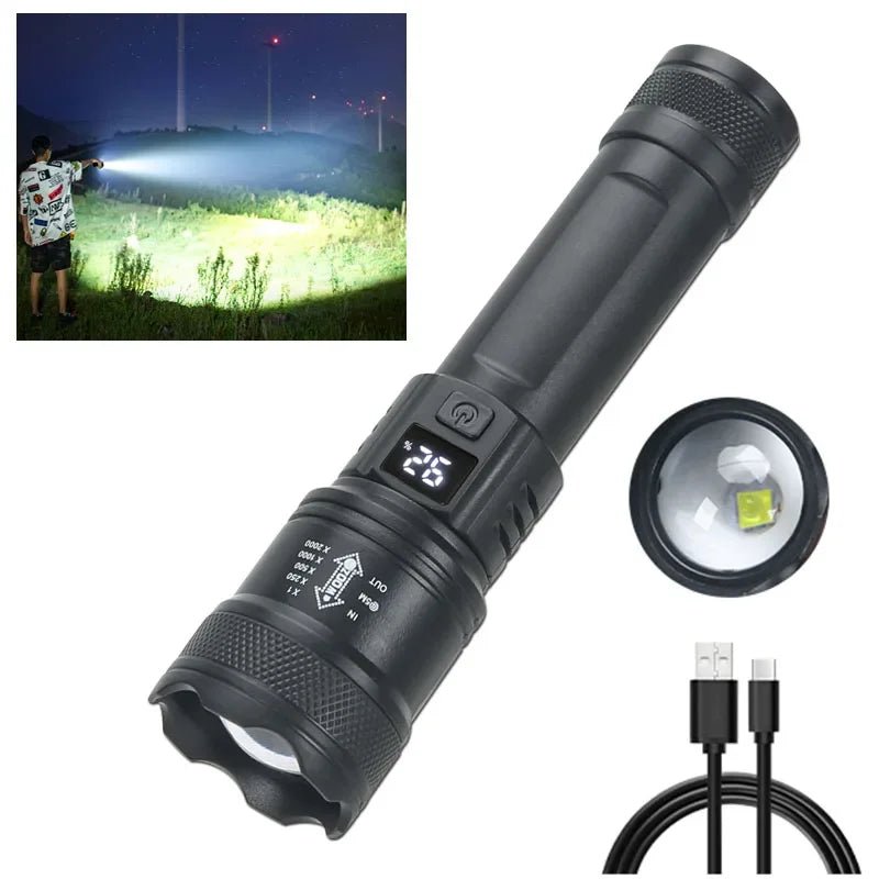 High Strong Power Led Flashlights 2000LM Tactical Torch with Display Light USB Charging Camping Fishing Emergency Zoom Lantern - Walmarkettt.com