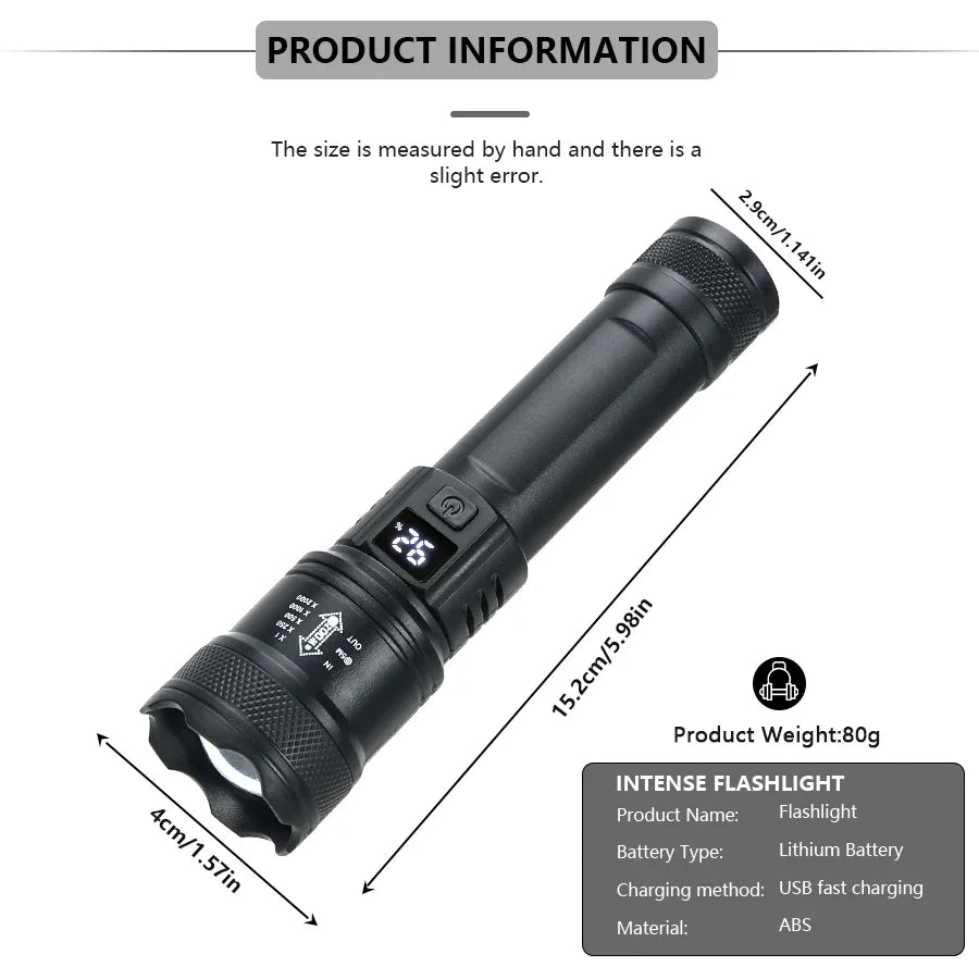 High Strong Power Led Flashlights 2000LM Tactical Torch with Display Light USB Charging Camping Fishing Emergency Zoom Lantern - Walmarkettt.com
