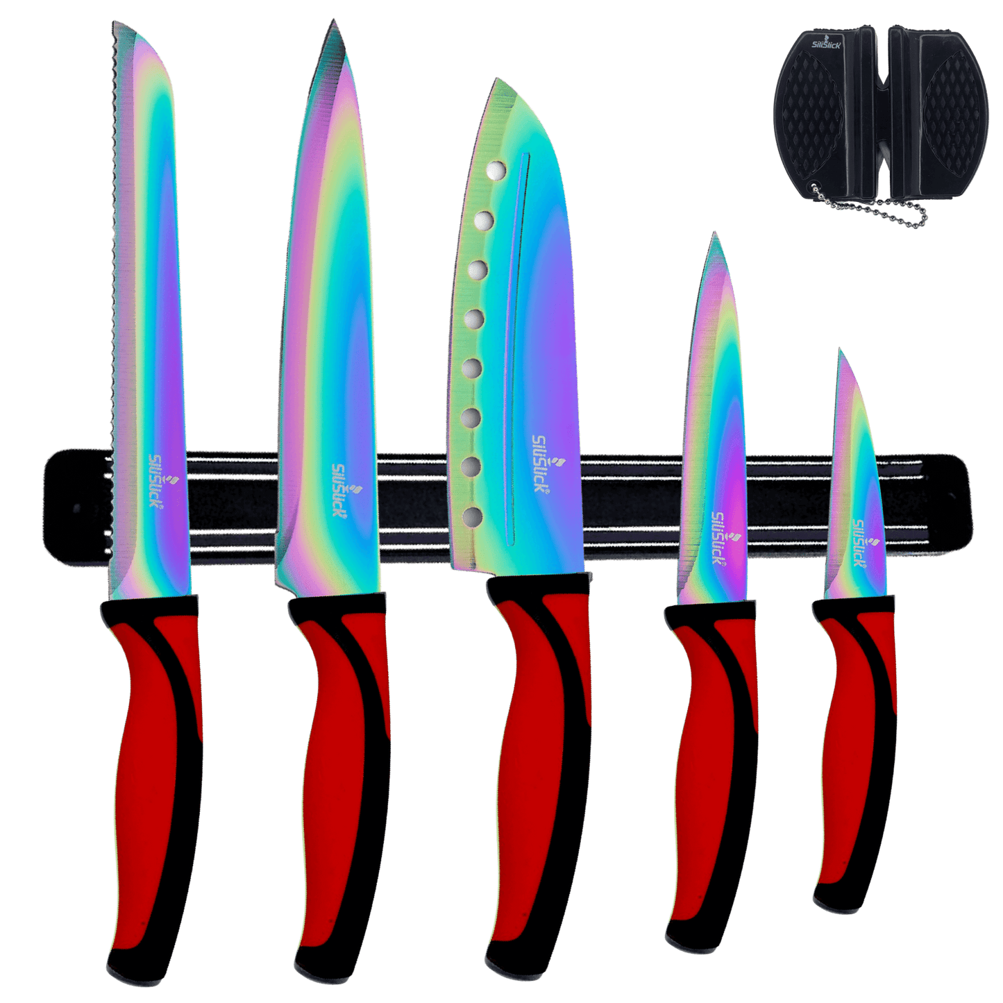 Kitchen Knife Set Kit | Red Handle & Black Magnetic Rack - Walmarkettt.com
