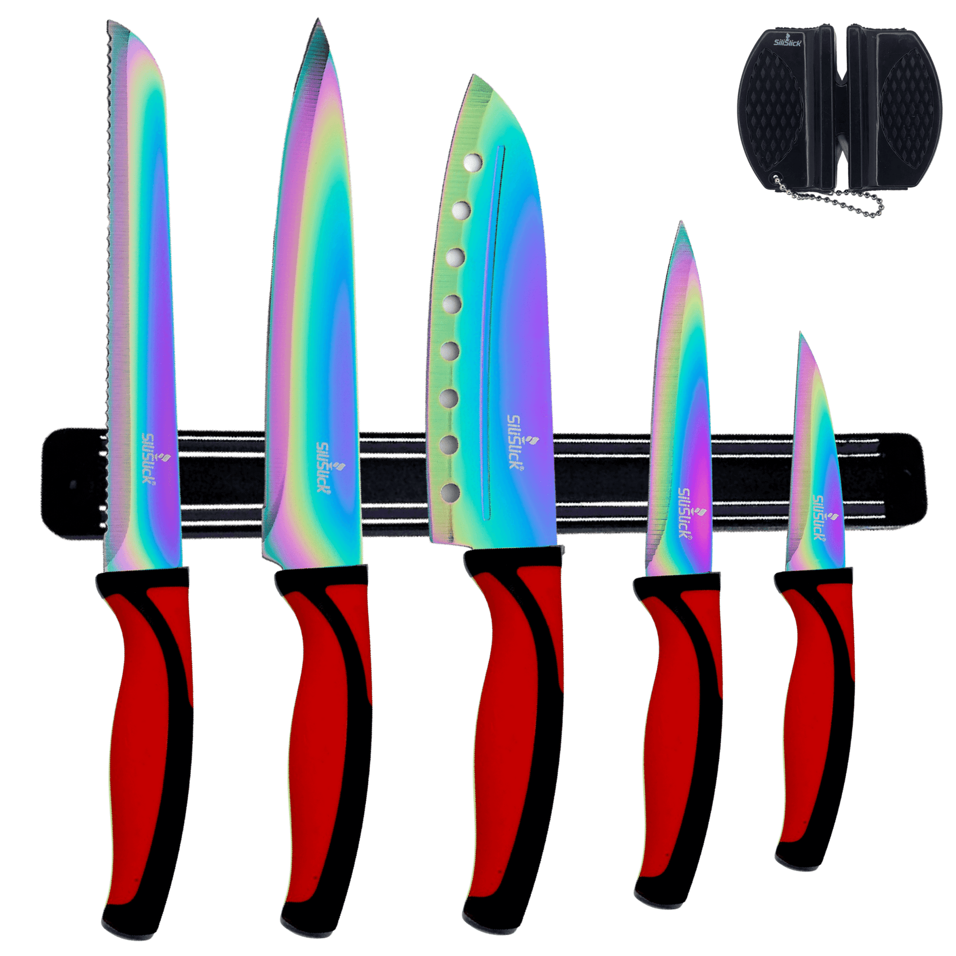 Kitchen Knife Set Kit | Red Handle & Black Magnetic Rack - Walmarkettt.com