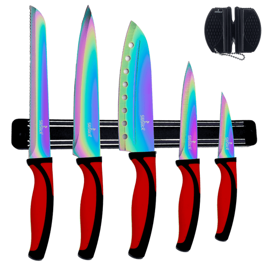 Kitchen Knife Set Kit | Red Handle & Black Magnetic Rack - Walmarkettt.com
