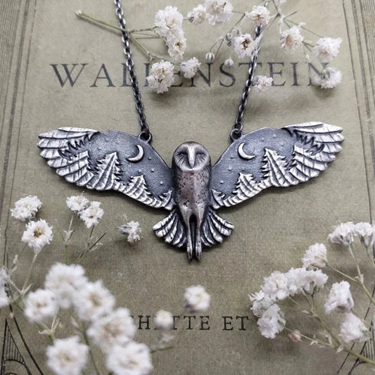 [Ladies Jewelry Gift Art Necklace] Vintage Silvery Owl Pendant Necklace Witch Moon Phase Art Necklace Ladies Animal Totem Necklace Jewelry Gift - Walmarkettt.com