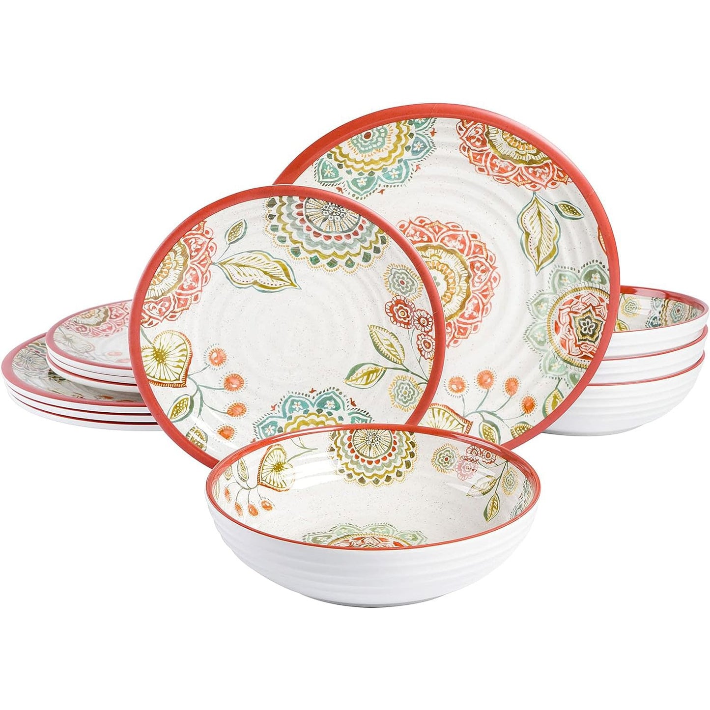 Laurie Gates Brick Floral Ripple 12 Piece Melamine Dinnerware Set in - Walmarkettt.com