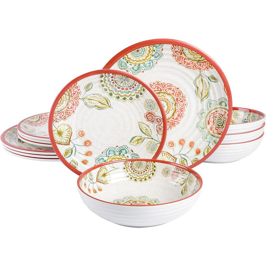 Laurie Gates Brick Floral Ripple 12 Piece Melamine Dinnerware Set in - Walmarkettt.com