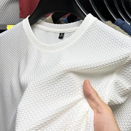 Men's Short Sleeve Mesh Bamboo Ice Silk T-shirt Casual Versatile Summer Elastic Slimming Top for Men - Walmarkettt.com