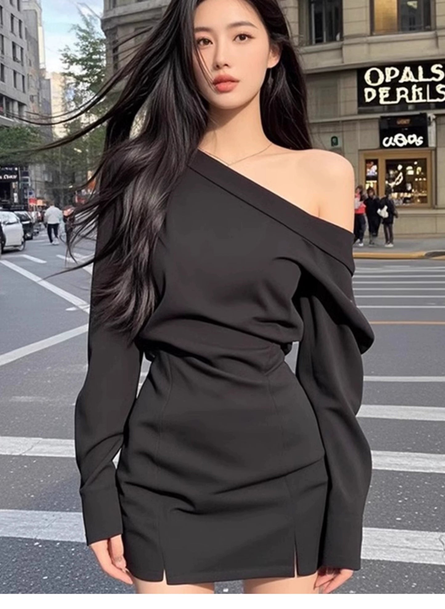 Pure Desire Sexy Wind Slant Shoulder Split Waist Fitted Dress Female Fall and Winter New Arrival Fancy Elegant Silm Versatile Skirt - Walmarkettt.com