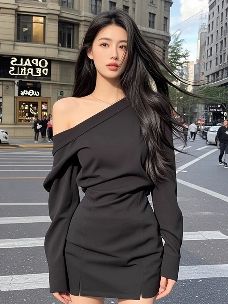 Pure Desire Sexy Wind Slant Shoulder Split Waist Fitted Dress Female Fall and Winter New Arrival Fancy Elegant Silm Versatile Skirt - Walmarkettt.com