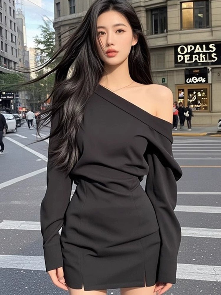 Pure Desire Sexy Wind Slant Shoulder Split Waist Fitted Dress Female Fall and Winter New Arrival Fancy Elegant Silm Versatile Skirt - Walmarkettt.com
