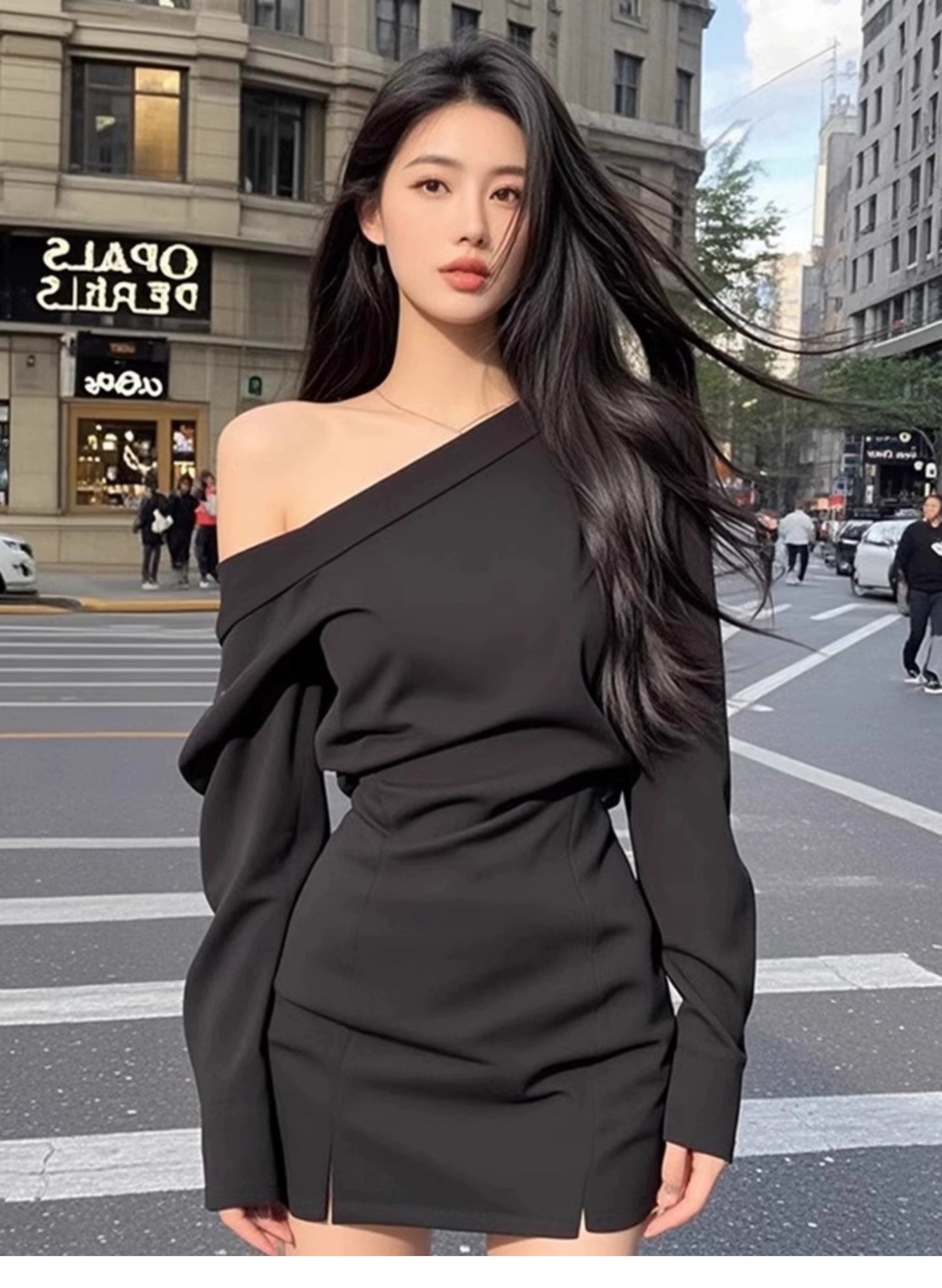 Pure Desire Sexy Wind Slant Shoulder Split Waist Fitted Dress Female Fall and Winter New Arrival Fancy Elegant Silm Versatile Skirt - Walmarkettt.com