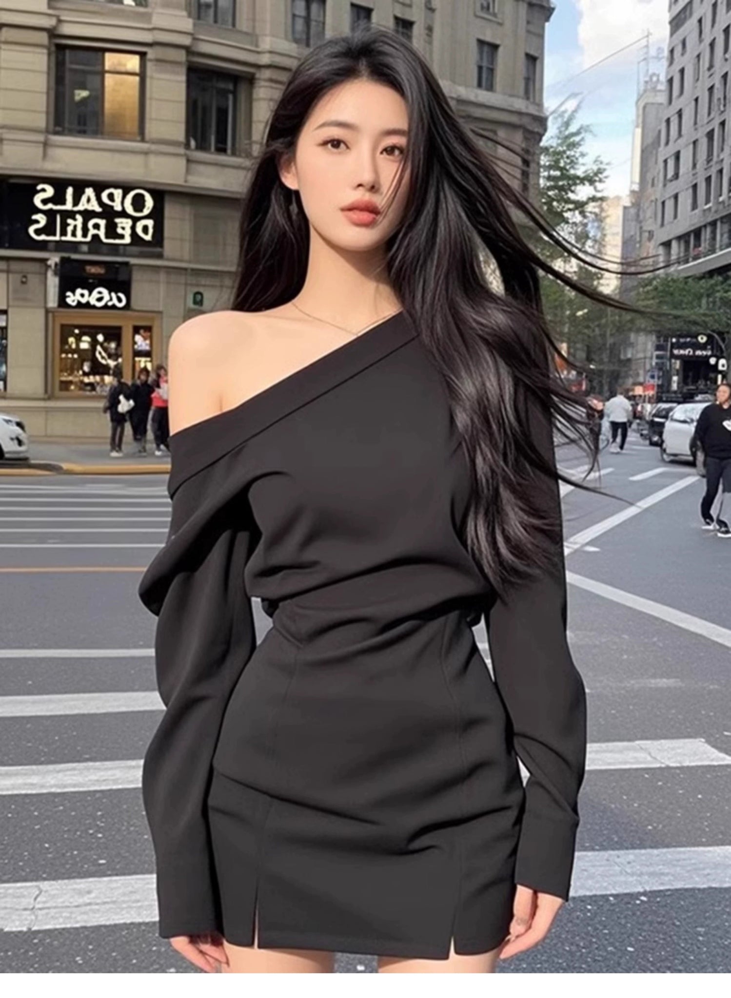 Pure Desire Sexy Wind Slant Shoulder Split Waist Fitted Dress Female Fall and Winter New Arrival Fancy Elegant Silm Versatile Skirt - Walmarkettt.com