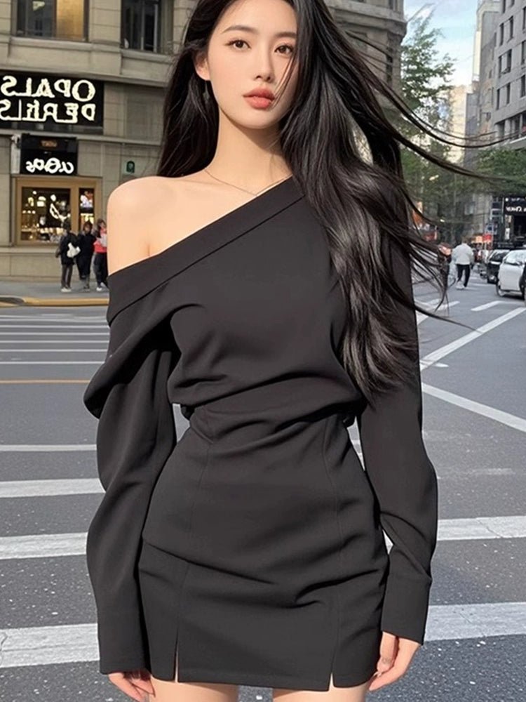 Pure Desire Sexy Wind Slant Shoulder Split Waist Fitted Dress Female Fall and Winter New Arrival Fancy Elegant Silm Versatile Skirt - Walmarkettt.com