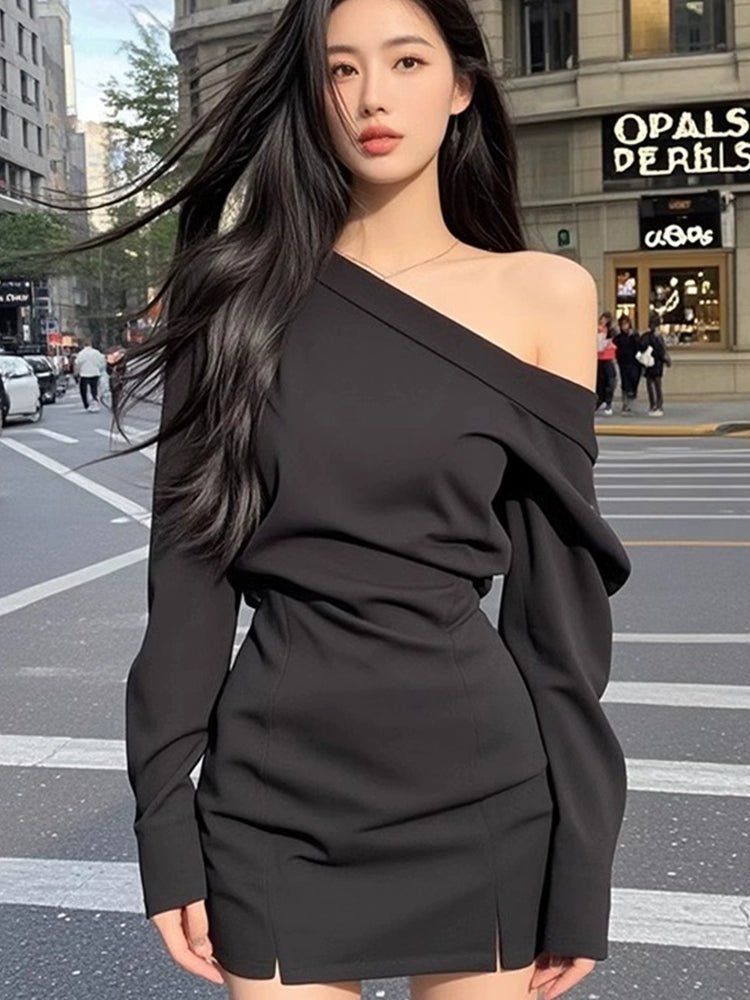 Pure Desire Sexy Wind Slant Shoulder Split Waist Fitted Dress Female Fall and Winter New Arrival Fancy Elegant Silm Versatile Skirt - Walmarkettt.com
