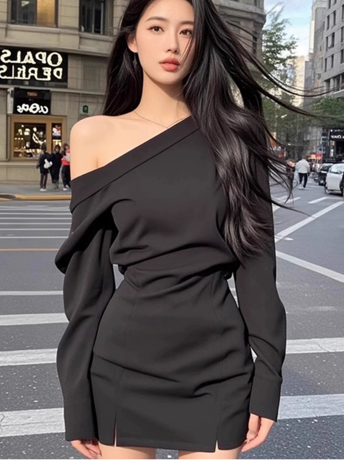 Pure Desire Sexy Wind Slant Shoulder Split Waist Fitted Dress Female Fall and Winter New Arrival Fancy Elegant Silm Versatile Skirt - Walmarkettt.com