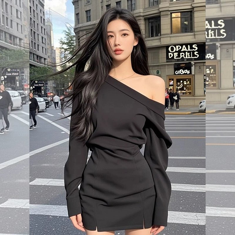 Pure Desire Sexy Wind Slant Shoulder Split Waist Fitted Dress Female Fall and Winter New Arrival Fancy Elegant Silm Versatile Skirt - Walmarkettt.com