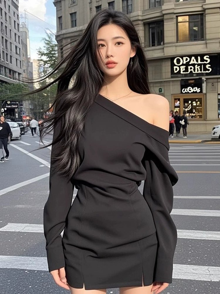 Pure Desire Sexy Wind Slant Shoulder Split Waist Fitted Dress Female Fall and Winter New Arrival Fancy Elegant Silm Versatile Skirt - Walmarkettt.com