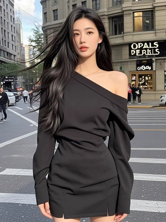 Pure Desire Sexy Wind Slant Shoulder Split Waist Fitted Dress Female Fall and Winter New Arrival Fancy Elegant Silm Versatile Skirt - Walmarkettt.com