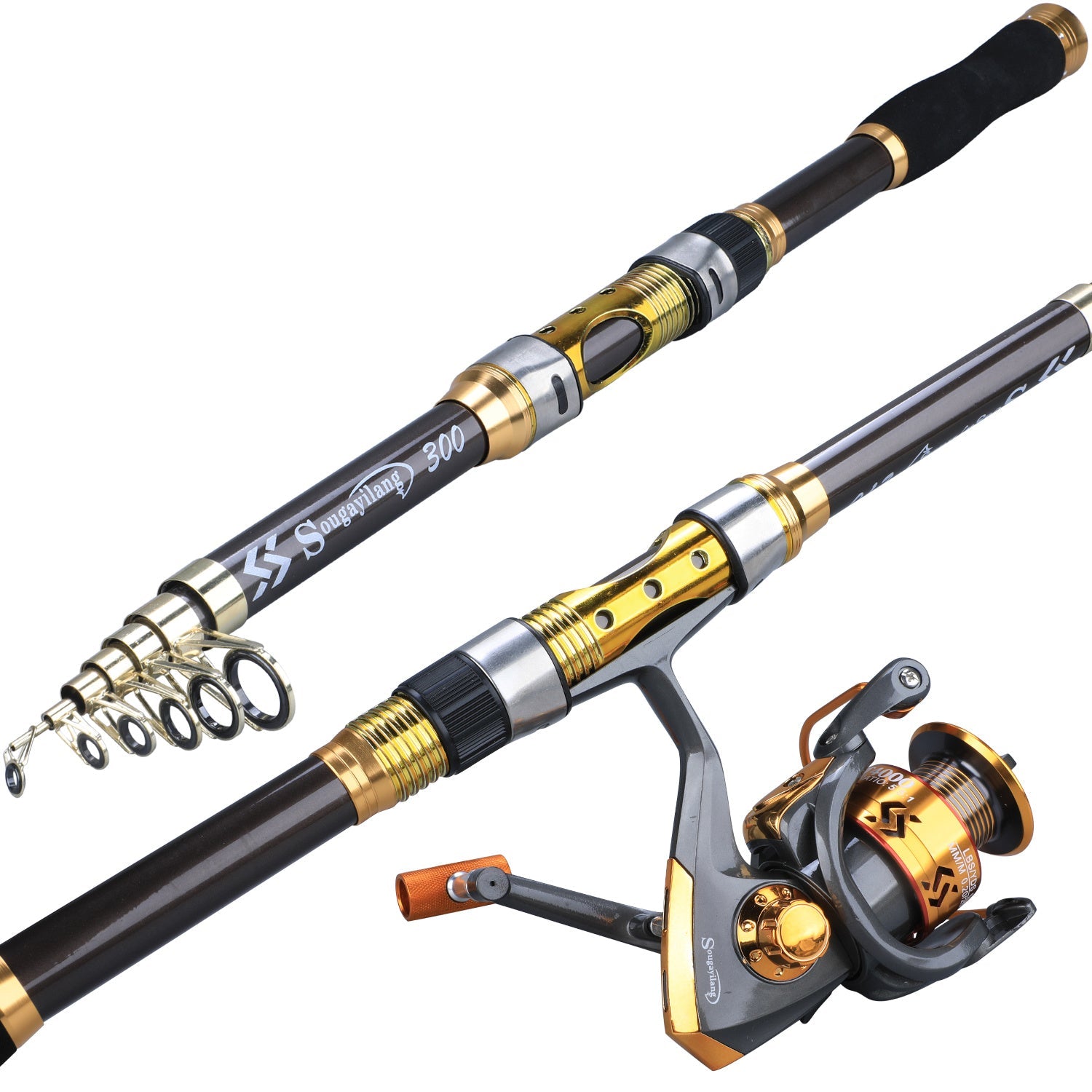 [Quality Construction] Sougayilang Ultralight Carbon Fiber Spinning Fishing Rod - Portable, Medium Action, 6.72 - 9.84ft Extendable Length, Black & Golden with Comfort Grip Handle - Ideal for All Anglers - Walmarkettt.com