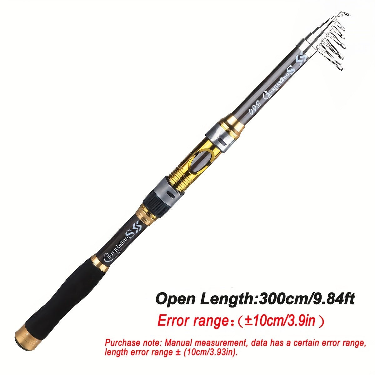 [Quality Construction] Sougayilang Ultralight Carbon Fiber Spinning Fishing Rod - Portable, Medium Action, 6.72 - 9.84ft Extendable Length, Black & Golden with Comfort Grip Handle - Ideal for All Anglers - Walmarkettt.com