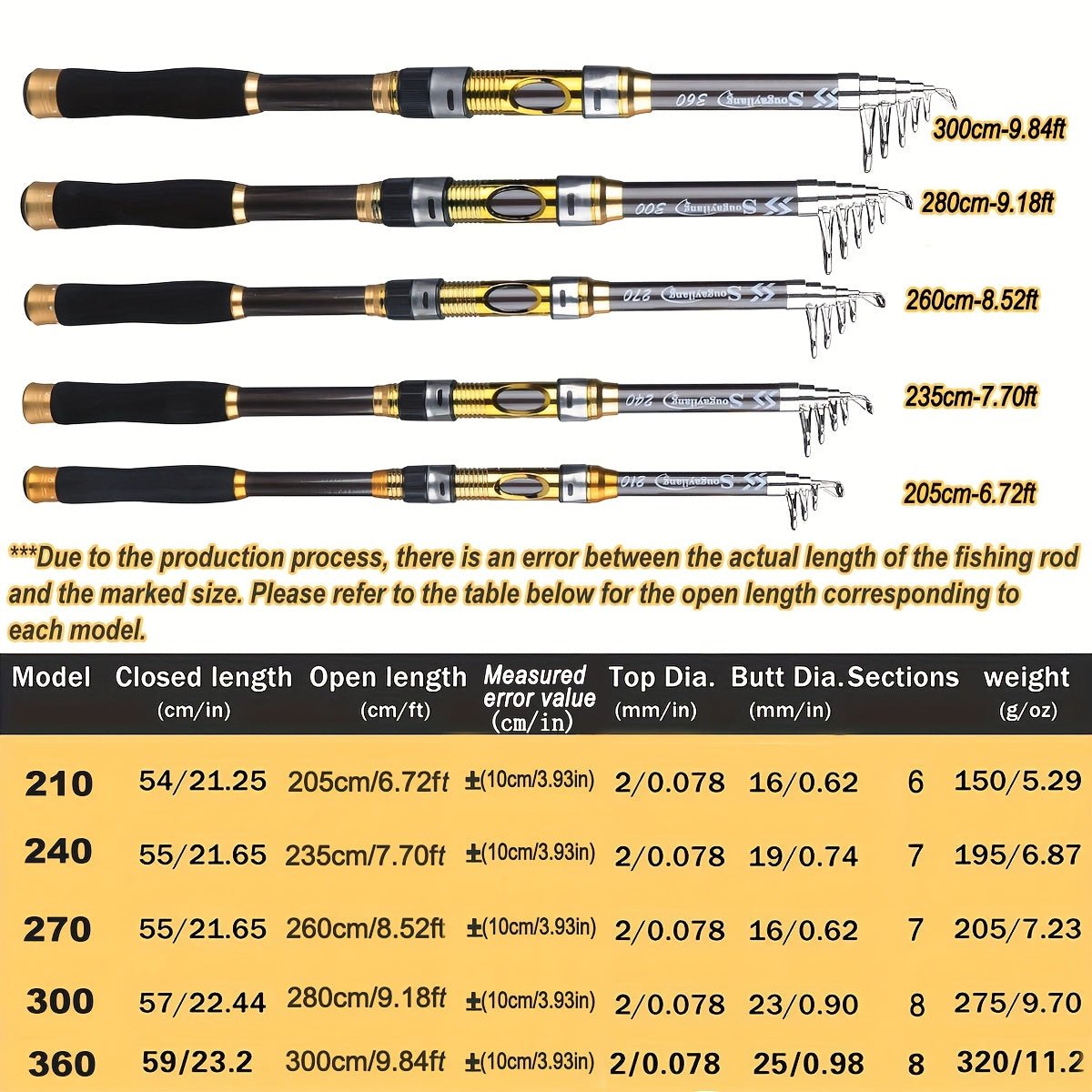 [Quality Construction] Sougayilang Ultralight Carbon Fiber Spinning Fishing Rod - Portable, Medium Action, 6.72 - 9.84ft Extendable Length, Black & Golden with Comfort Grip Handle - Ideal for All Anglers - Walmarkettt.com